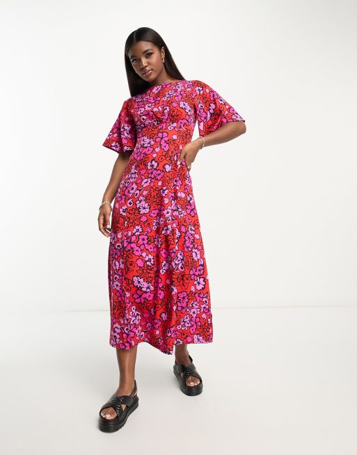 Influence Flutter Sleeve Midi Tea Dress In Red And Pink Floral Asos