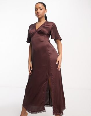 flutter sleeve v neck midi dress with lace trim in chocolate brown