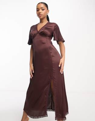 Influence Influence flutter sleeve v neck midi dress with lace trim in chocolate brown