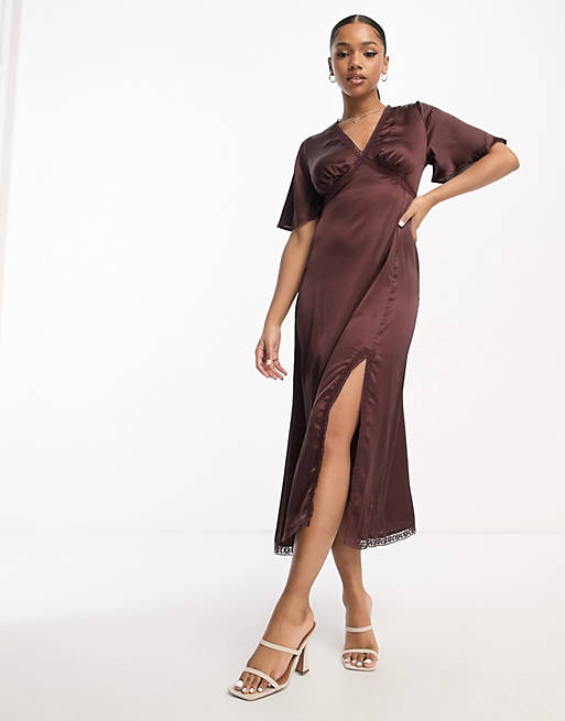 Influence flutter sleeve v neck midi dress with lace trim in chocolate brown