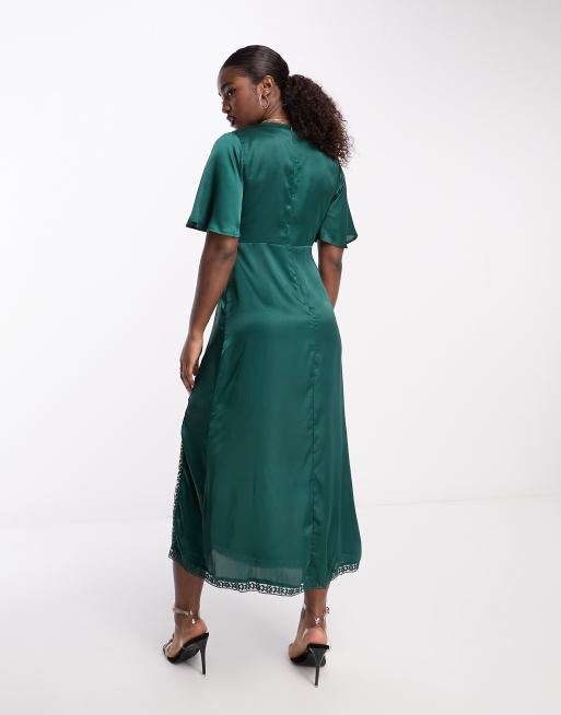 Influence flutter sleeve v neck midi dress with lace trim in forest green