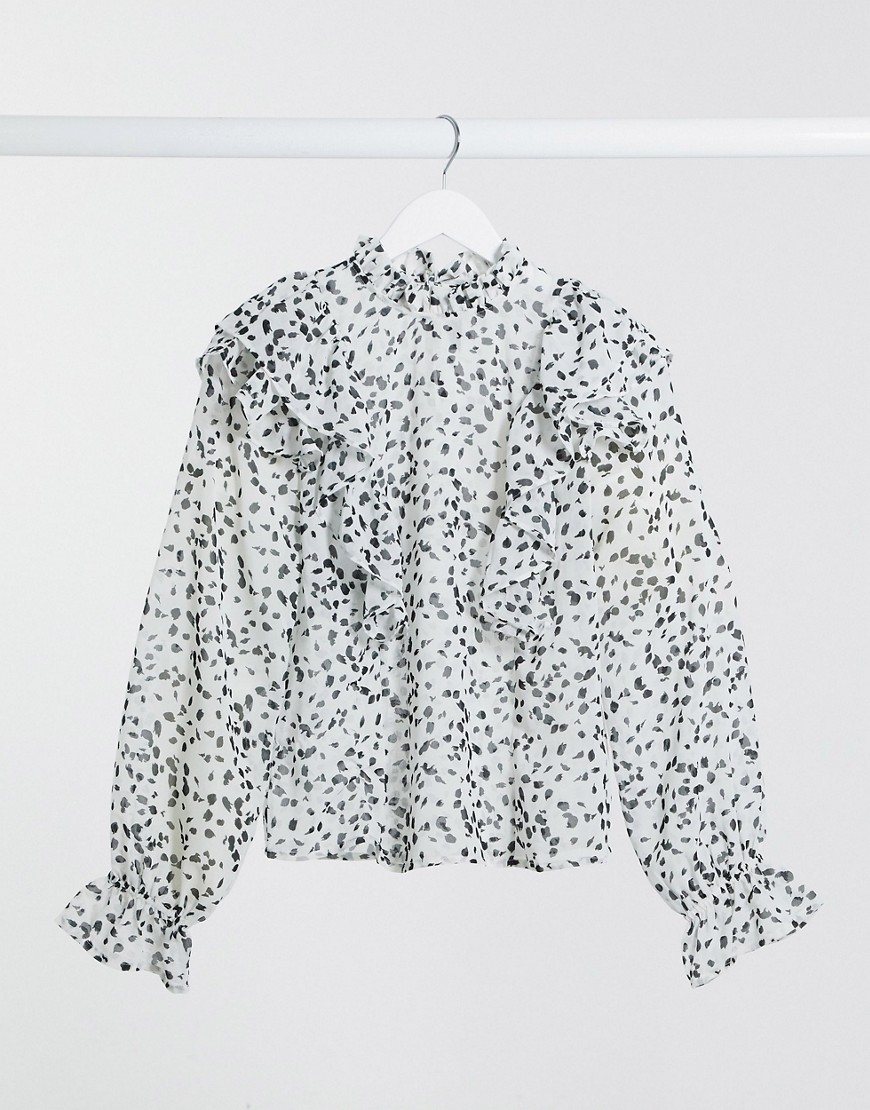 Influence frill front blouse in abstract print-White