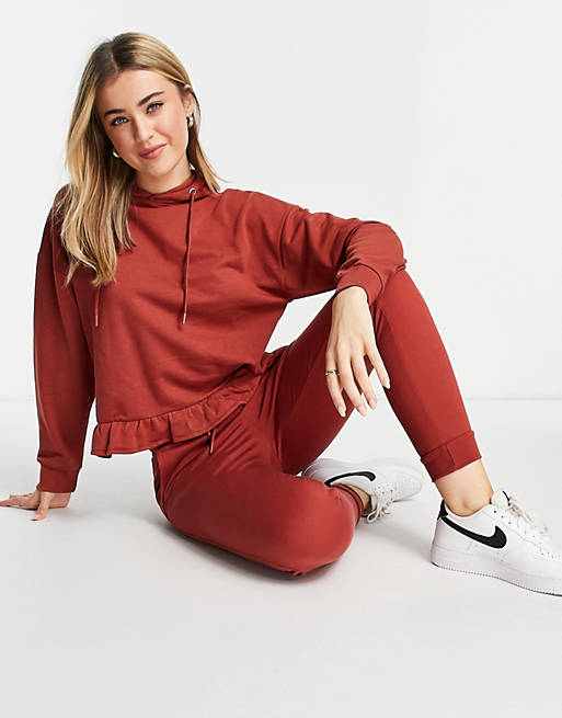 Influence frill hem hoodie co-ord in rust