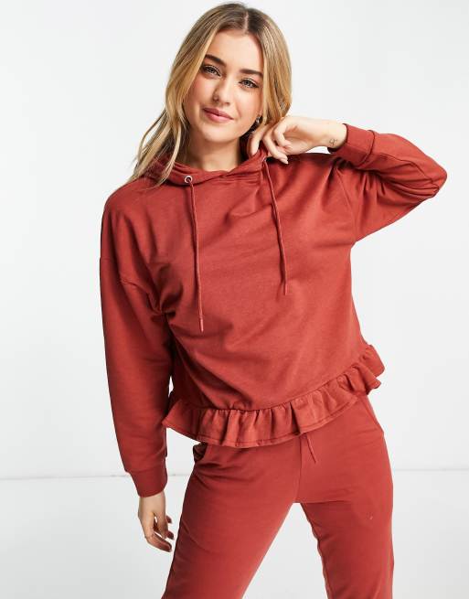 Influence frill hem hoodie co-ord in rust, 4 of 4