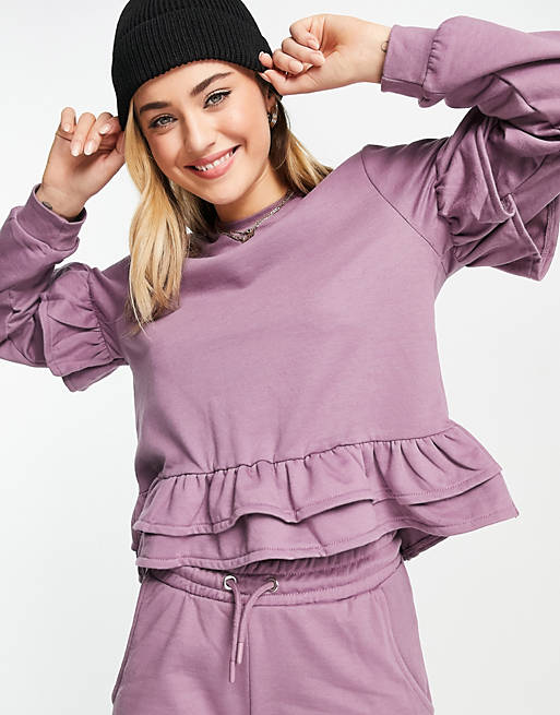 Influence frill hem sweater co-ord in dusky violet
