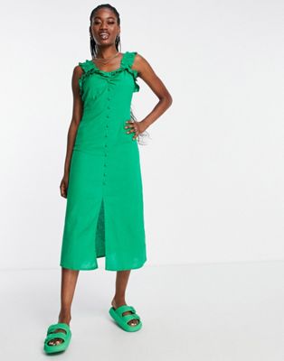 Influence frill shoulder midi dress in bright green - ASOS Price Checker