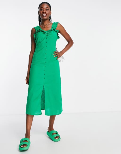 Influence frill shoulder midi dress in bright green ASOS