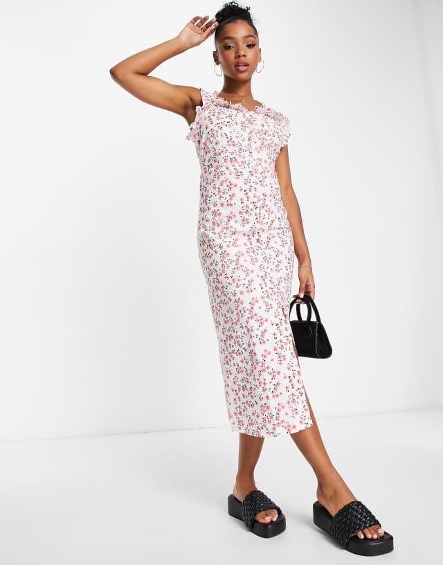 Influence frill shoulder midi dress in ditsy floral print