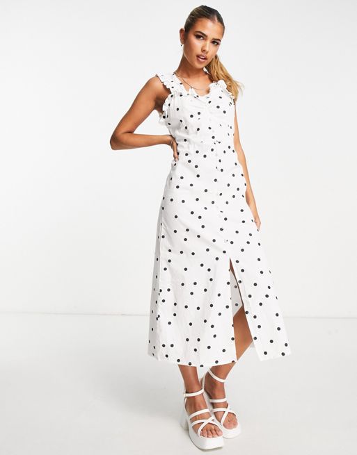 Influence frill shoulder midi dress in polka dot | ASOS