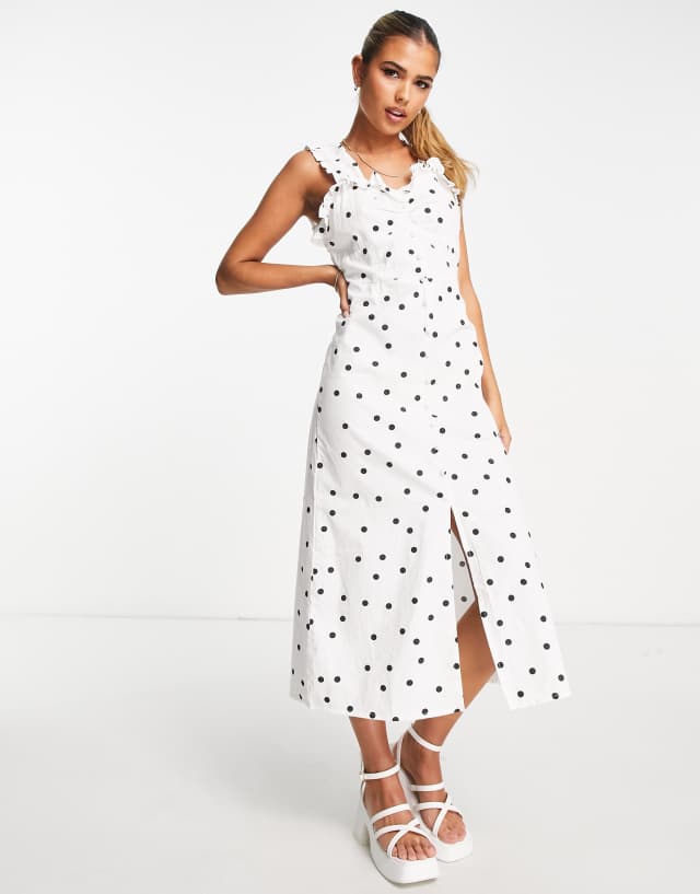 Influence frill shoulder midi dress in polka dot