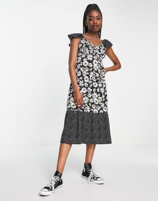 Influence Influence frill sleeve midi dress in daisy polka mix print-Black