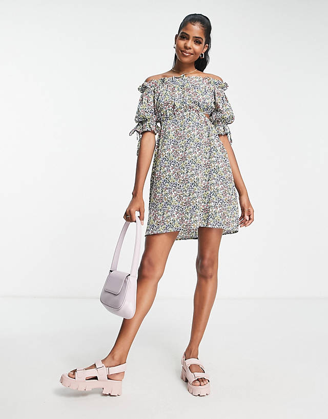 Influence - frill sleeve mini smock dress in multi floral