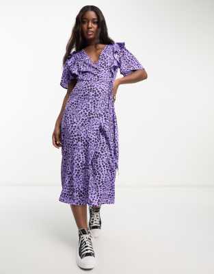 Influence Frill Wrap Midi Dress In Purple Floral Print