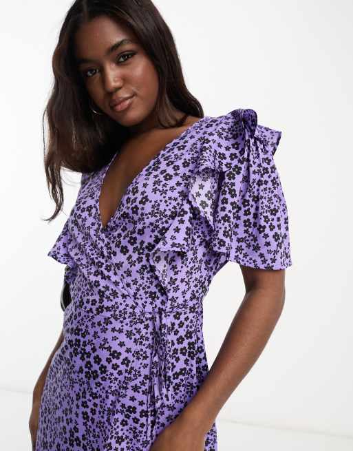 Influence frill wrap midi dress in purple floral print