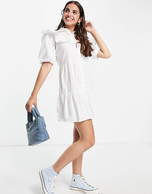 Influence frilled shirt dress with broderie in white