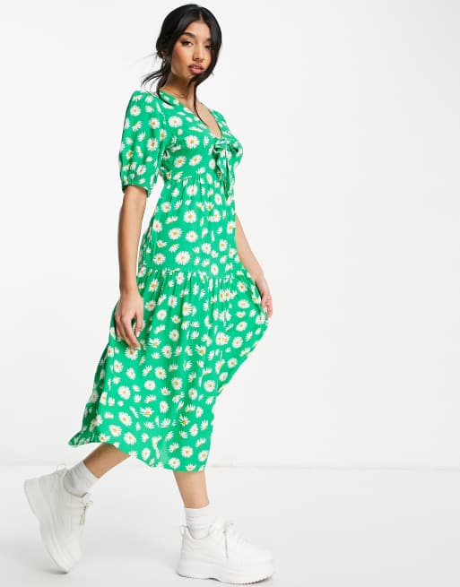 Influence Gelaagde midijurk met strik aan de voorkant in groen met bloemenprint ASOS