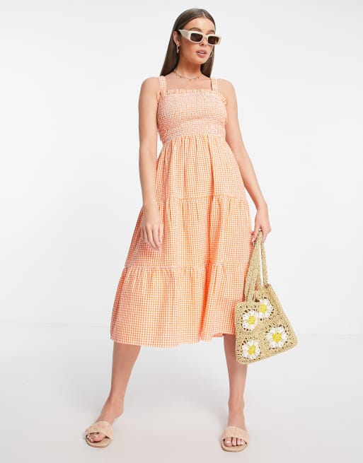 Influence – Gesmoktes Midikleid in Orange mit Vichykaromuster