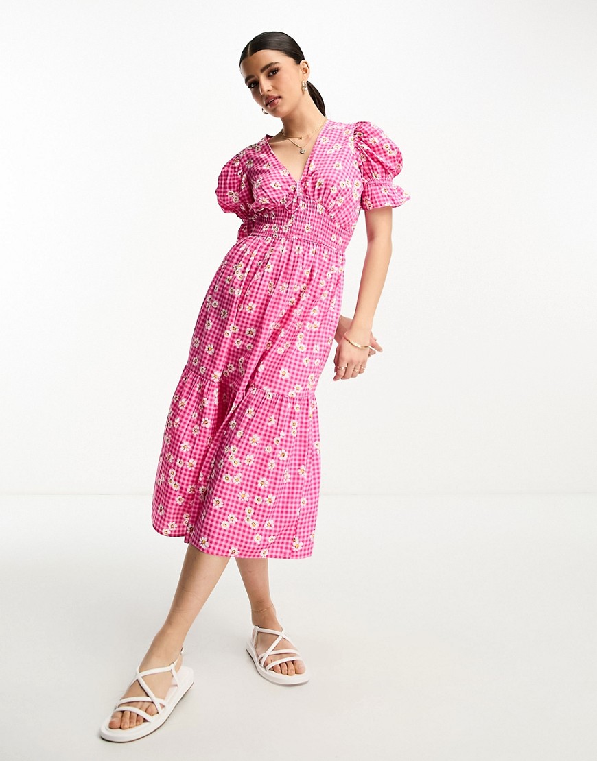 Influence gingham midi dress with floral print in pink