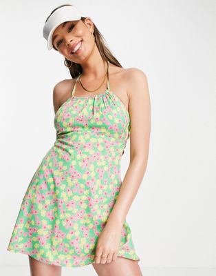 Influence halter mini dress with tie back in pink floral