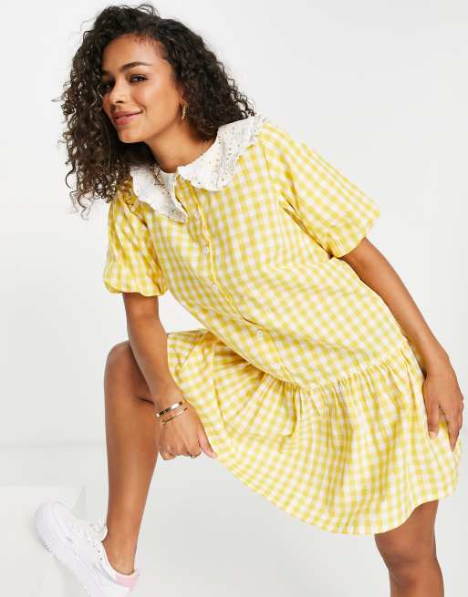 Influence – Hemdkleid mit Karomuster in Gelb und Kragen mit Lochstickerei