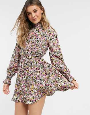 Influence high neck mini dress with tie waist in floral print-Multi