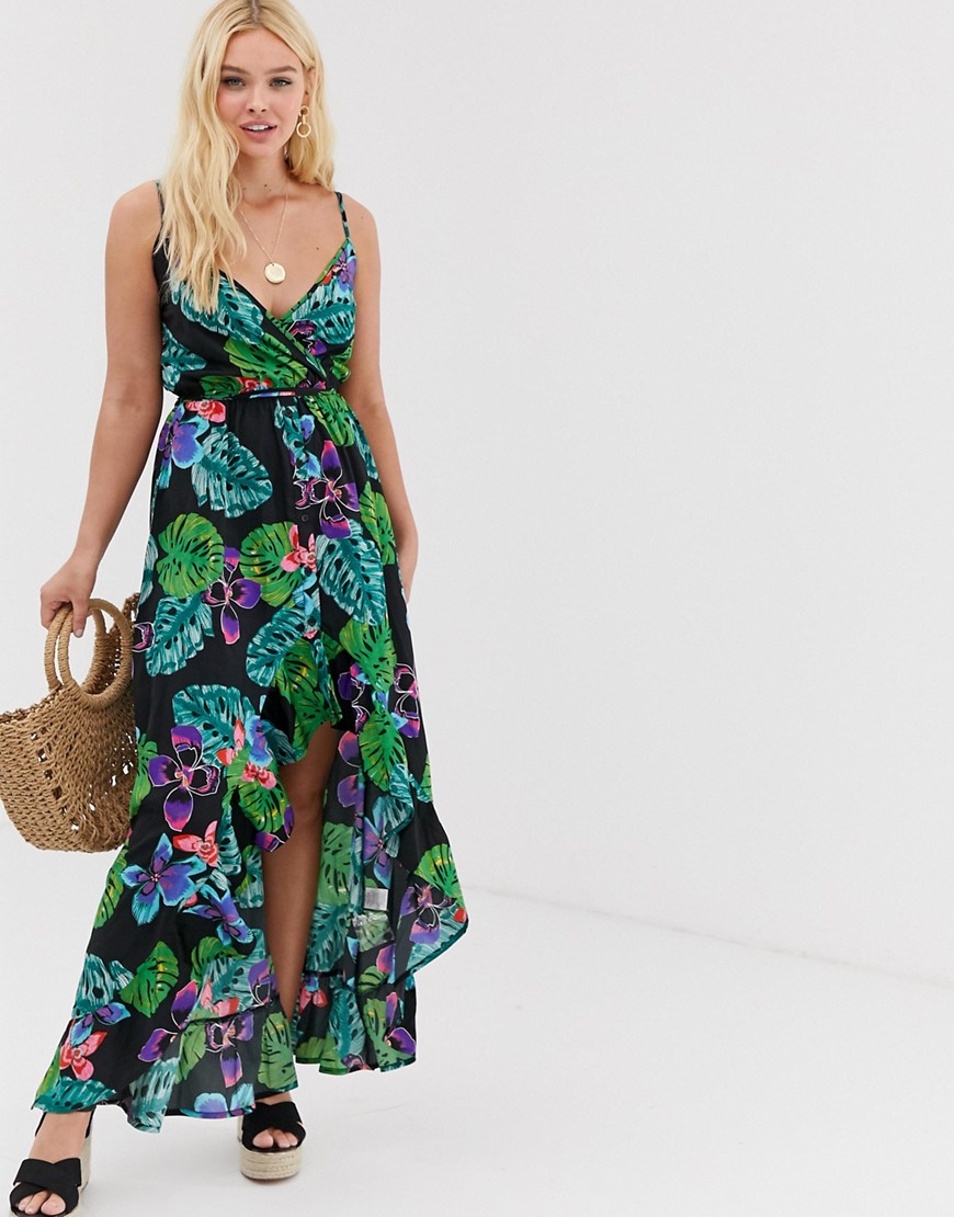 Influence - Lange jurk met ongelijke zoom en tropische bloemenprint-Multi