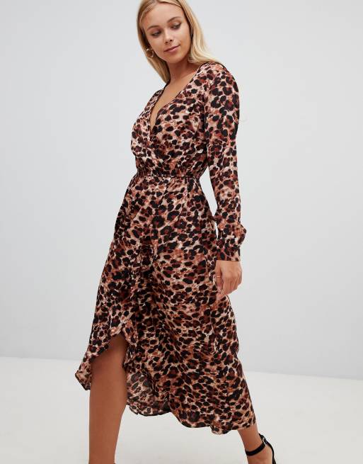 Influence leopard print wrap midi dress with ruffle | ASOS