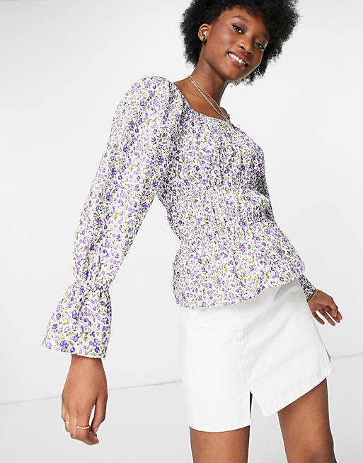 Influence long sleeve blouse in ditsy floral print