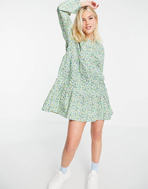 Influence long sleeve printed cotton mini dress in ditsy floral print