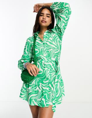 Influence long sleeve tie waist mini dress in green abstract print