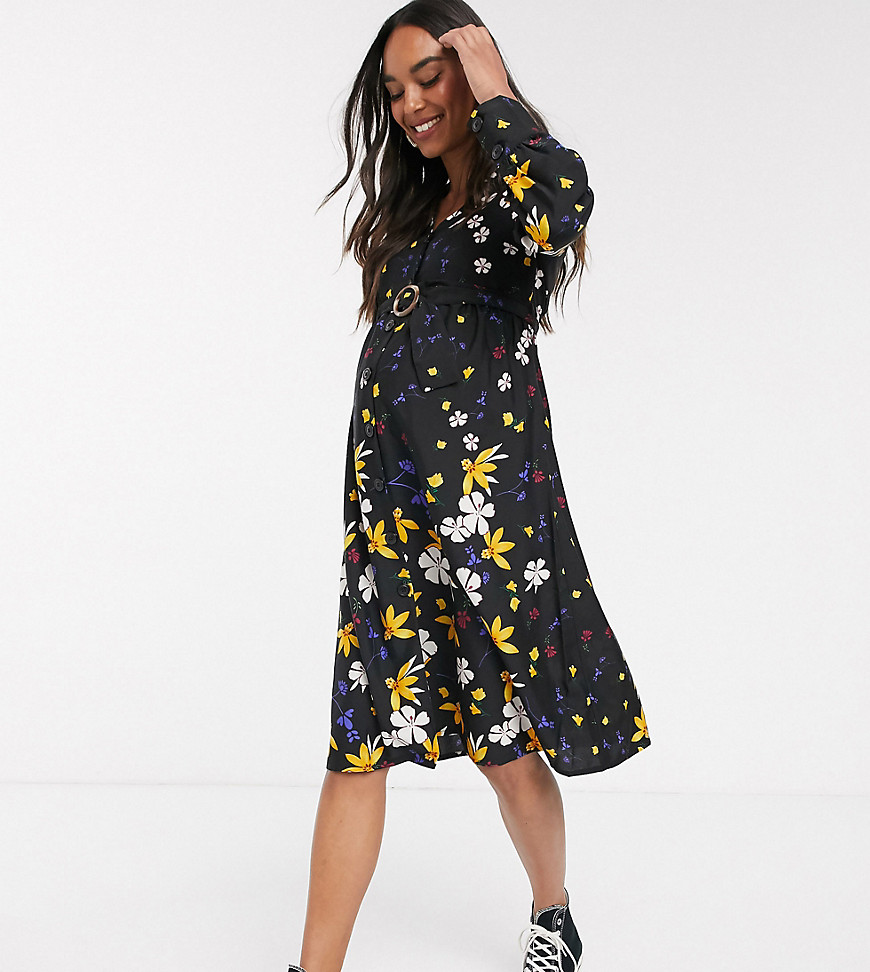 Influence Maternity Button Down Belted Midi Dress In Mixed Floral Print-multi