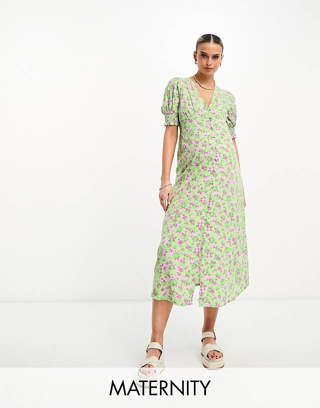 Influence Maternity - button front midi dress in green floral print