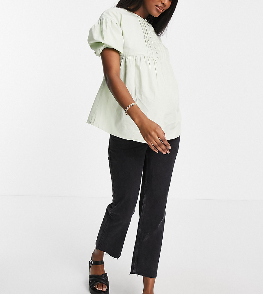 Influence Maternity button front puff sleeve blouse in sage green
