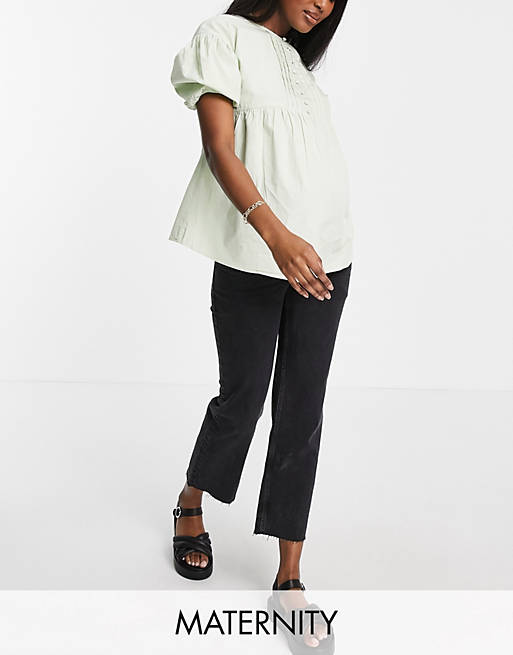 Influence Maternity button front puff sleeve blouse in sage green