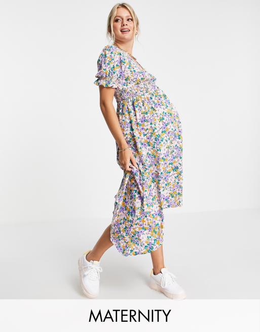 Influence Maternity floral midi tea dress with shirred sleeves ASOS