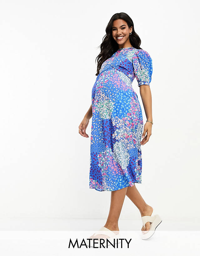 Influence Maternity - flutter sleeve midi tea dress in blue floral print