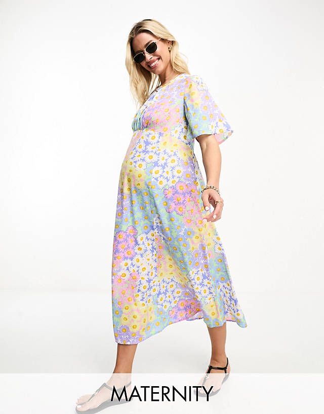 Influence Maternity - flutter sleeve midi tea dress in pastel floral print