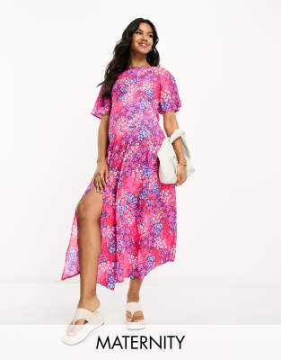 Influence Maternity Influence Maternity flutter sleeve midi tea dress in red and blue floral print