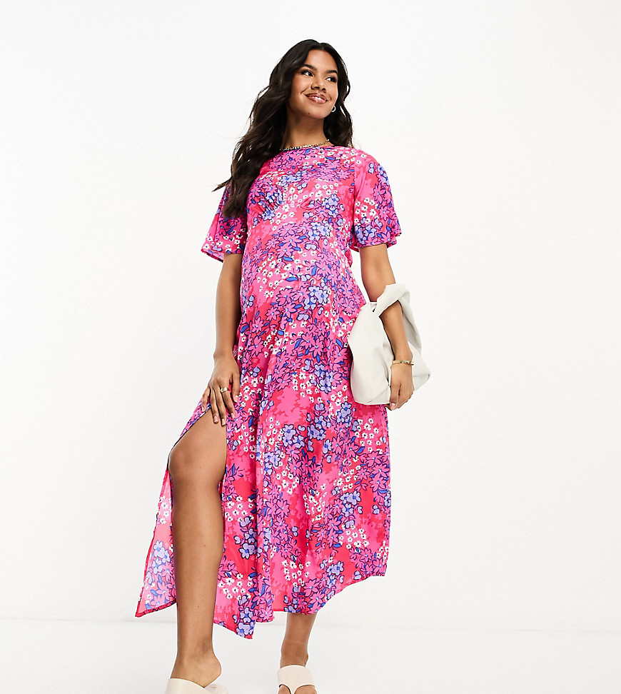 Influence Maternity flutter sleeve midi tea dress in red and blue floral print