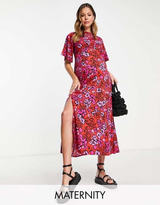 Influence Maternity flutter sleeve midi tea dress in red and pink floral