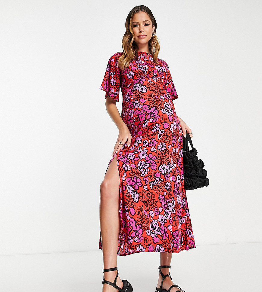 Influence Maternity flutter sleeve midi tea dress in red and pink floral