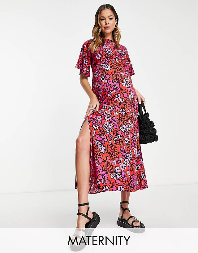 Influence Maternity - flutter sleeve midi tea dress in red and pink floral