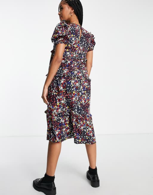 Influence Maternity frill detail midi dress in dark floral, 2 of 4