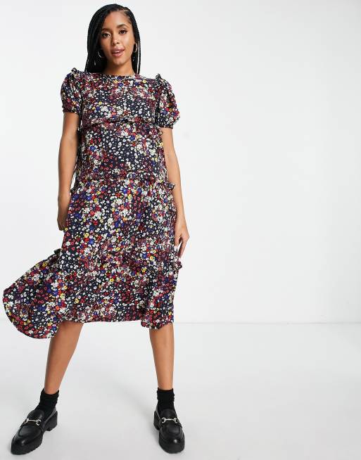 White floral print clearance frill detail midi dress