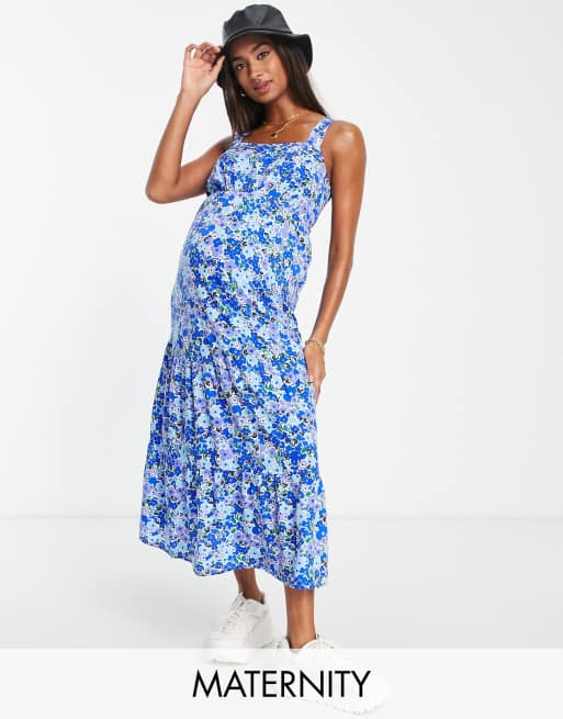 Influence Maternity Hinten gebundenes Midikleid in Blau Bunt ASOS