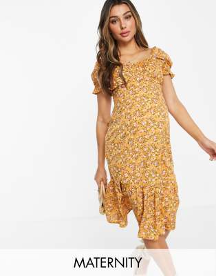 Influence Maternity midi dress in yellow floral print