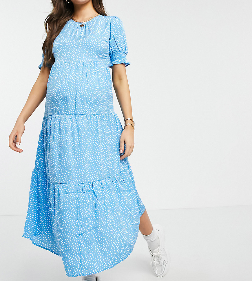 Influence Maternity - Midi-jurk met gelaagde zoom in blauw met stippen