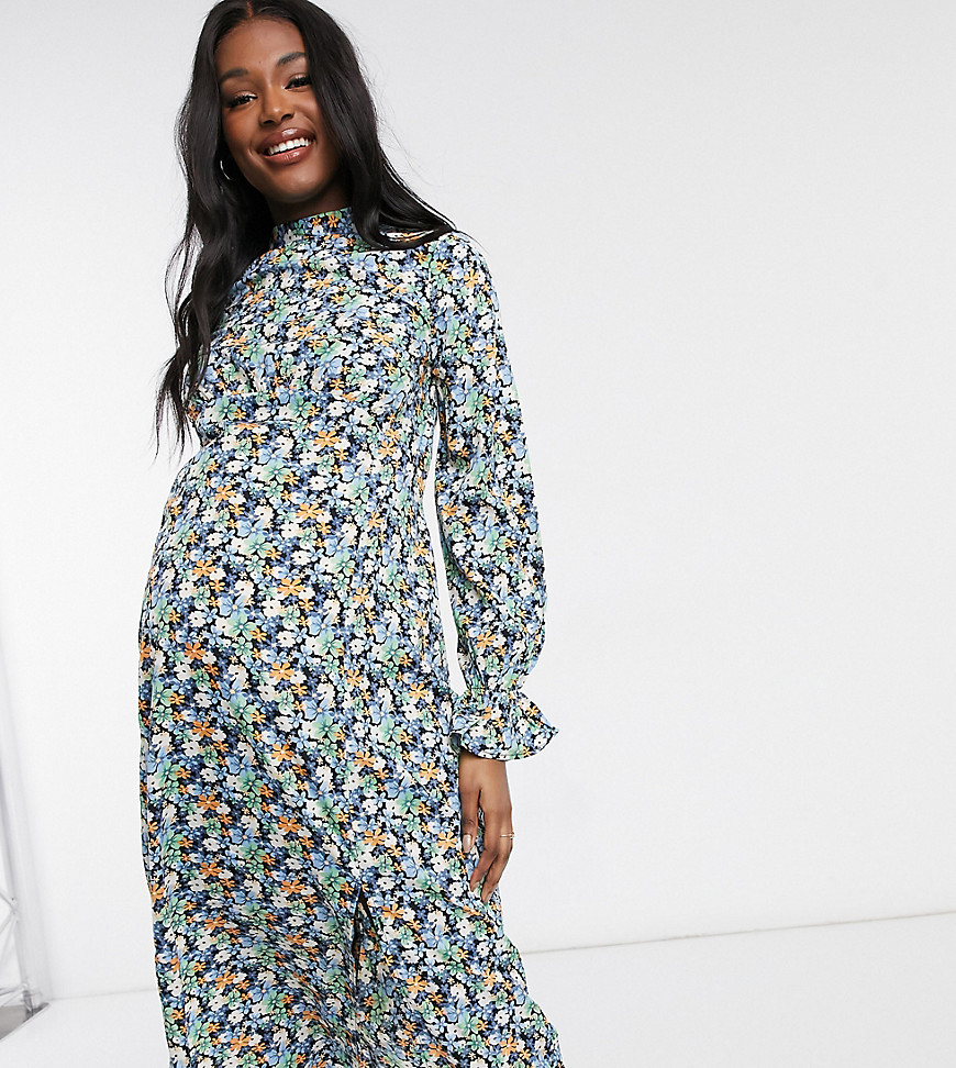 Influence Maternity - Midi jurk met lange mouwen en bloemenprint-Meerkleurig