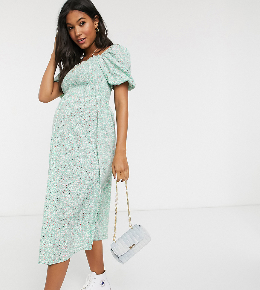 Influence Maternity - Midi-jurk met pofmouwen en smokwerk in retro mintkleurige bloemenprint-Groen