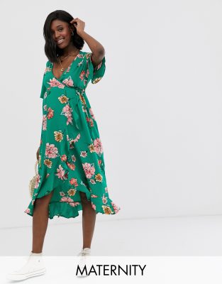 Influence Maternity midi wrap dress with frill in floral print-Green